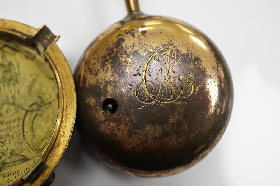 An early Victorian silver pair cased key wind verge pocket watch by Tho. Cogger, Hastings, outer case diameter 57mm, two other gilt metal pair cased pocket watches and a silver plated snuff box. Condition - poor